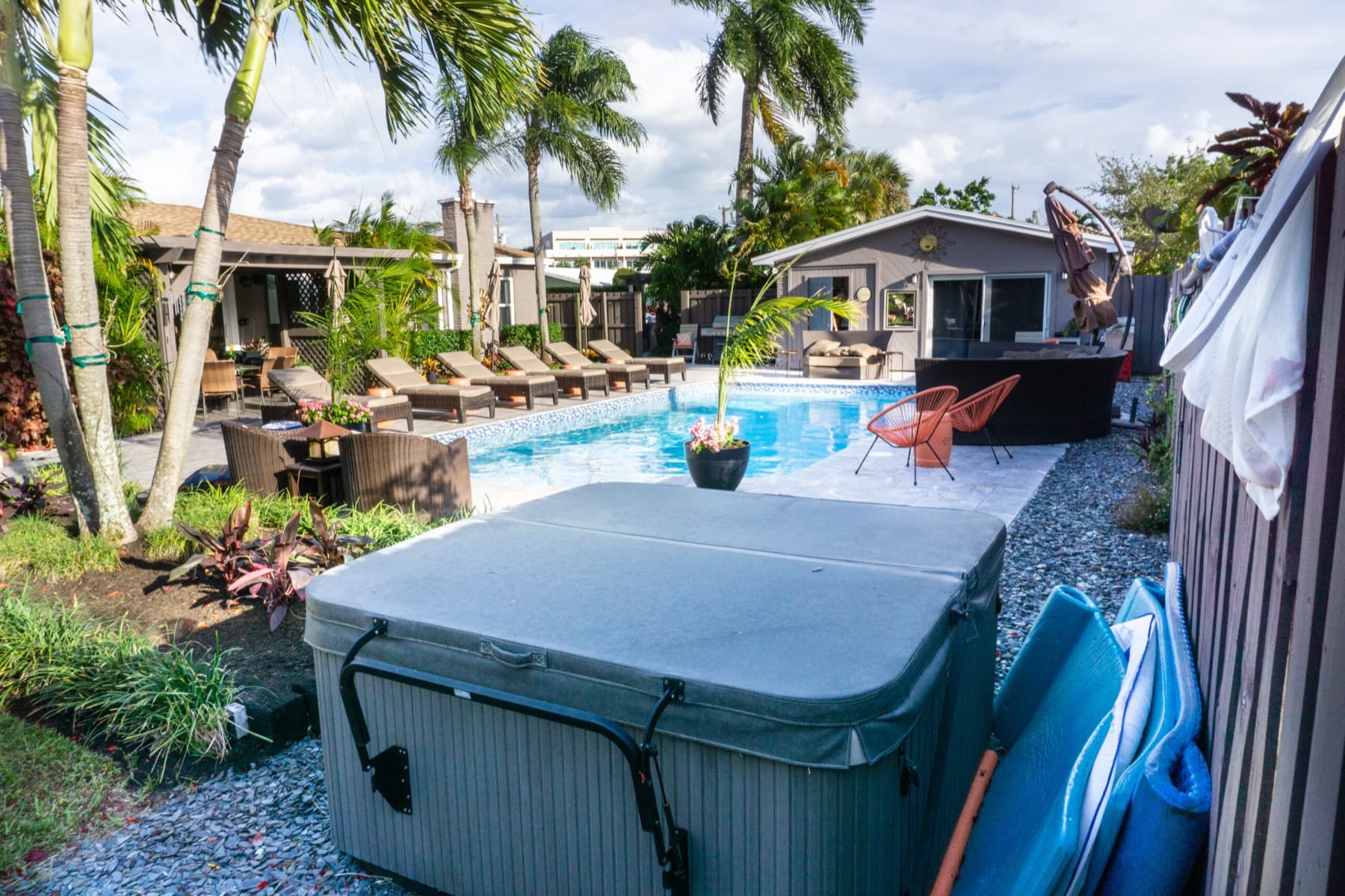 Hot tub beside the pool and tropical gardens at Solstice at Wilton
